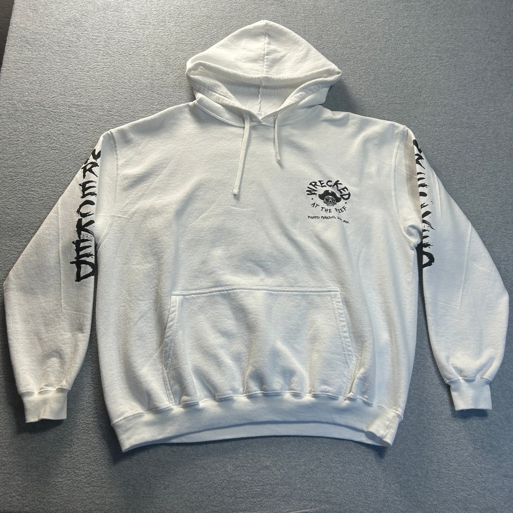 Yazbek Hoodie Sweatshirt Mens 2XL White Graphic Sleeve Print Pullover Fleece